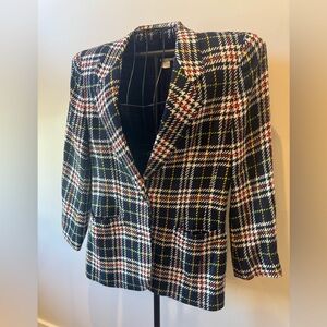 Liz Claiborne Petite Women Sz 8 Blazer Plaid Navy Blue Lined Long Sleeve Jacket